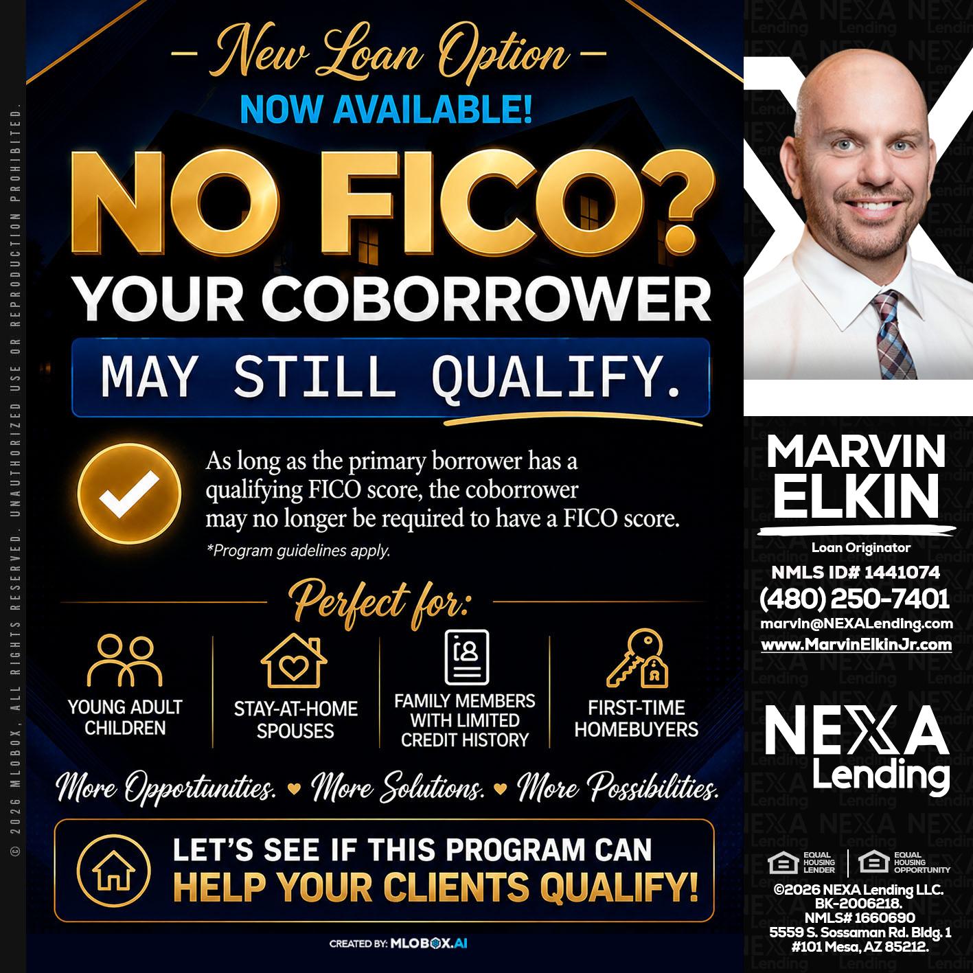 NO FICO - Marvin Elkin -Loan Originator